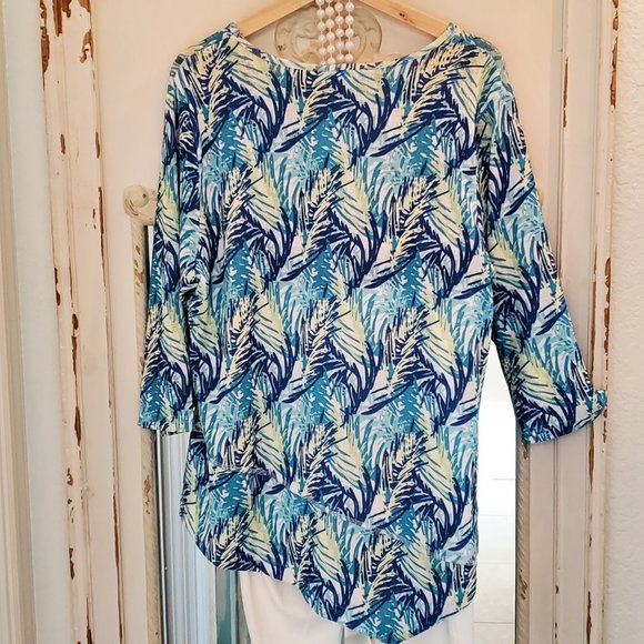 Anthony's Women's Pull Over Top - Palm Leaf Pattern with Multi Blue Colors. - Picture 2 of 4